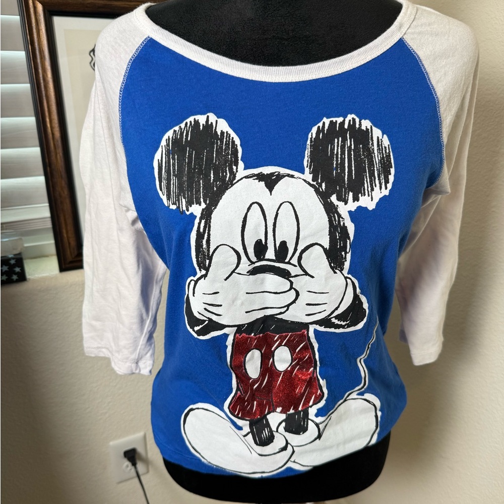Disney blue‎ and white quarter sleeve Mickey Mouse shirt with glitter shorts.